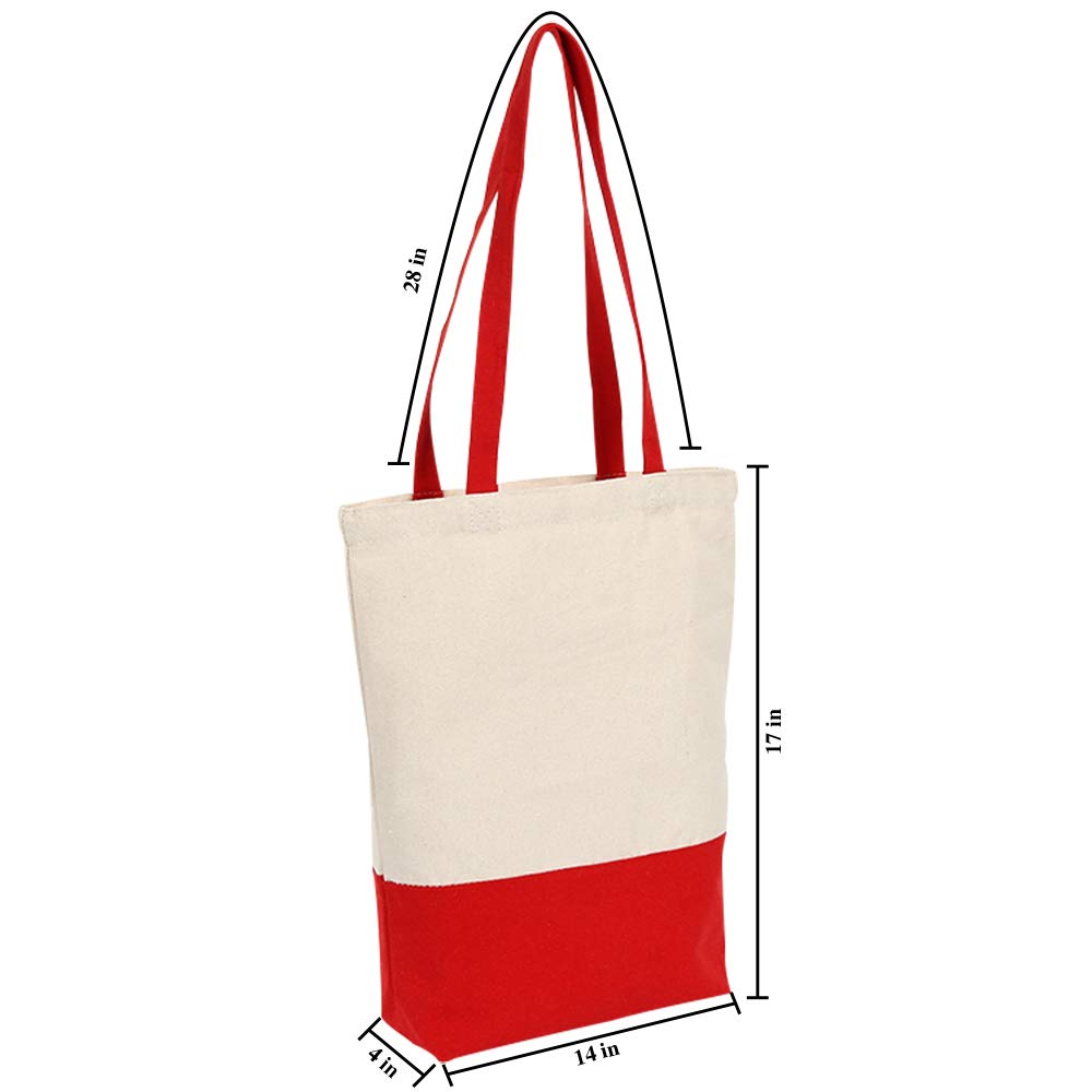 Azuca Heavy Duty 12 Oz Cotton Canvas Bag With Bottom Gusset Grocery Beach Shopping Bag 17X14X4 Inches (Red - 12 Pack)